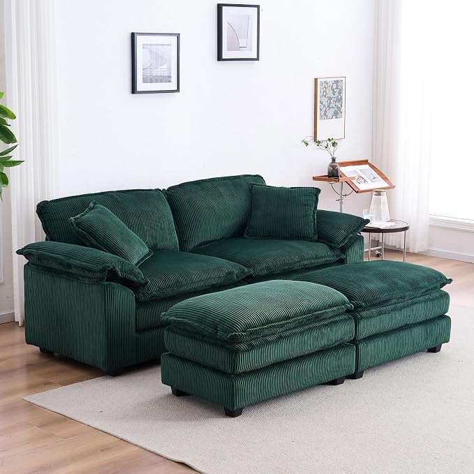 84.6” Corduroy Loveseat with Ottoman, Oversized Double Chaise Lounge Chair - Image 11