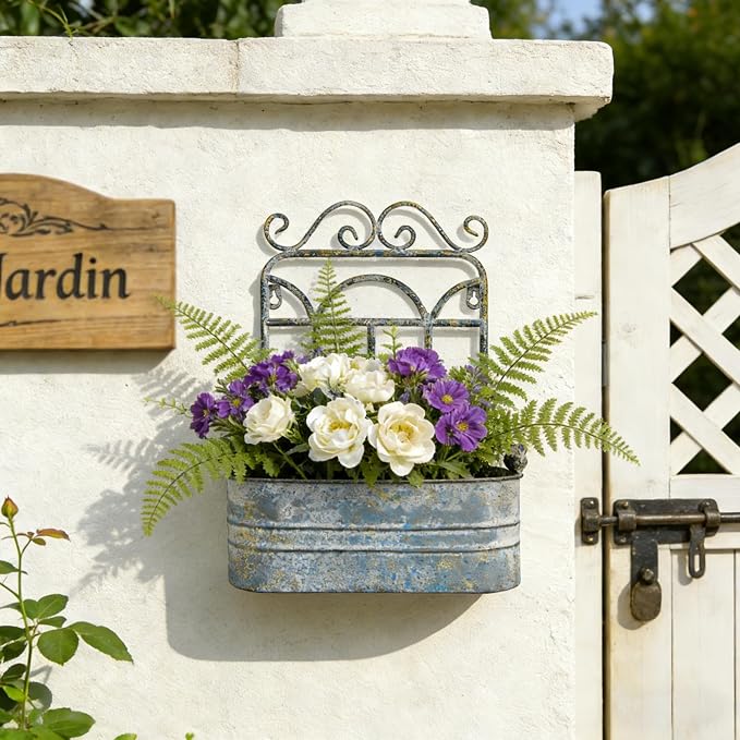 Rustic Metal Wall Planter Vintage Wall Mounted Flower Pot Distressed Wall - Image 6