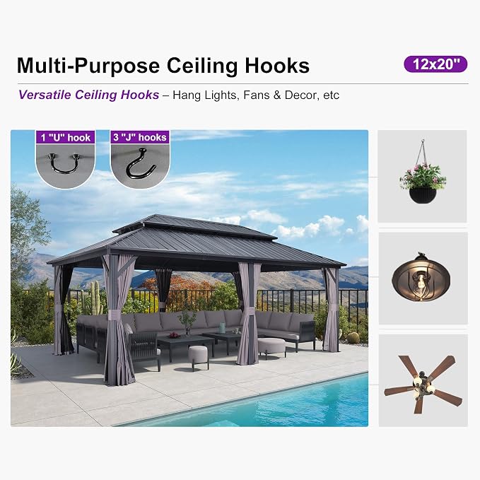 PURPLE LEAF 12' X 20' Patio Hardtop Gazebo Outdoor Pavilion Gazebo - Image 7