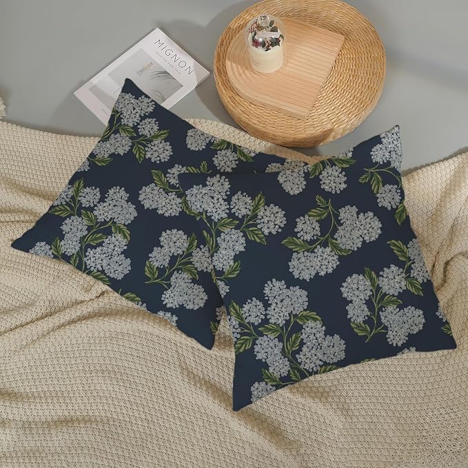 Navy Blue Spring Pillow Covers 24x24 Inch 2 Pcs Blue Green Hydrangea Flower - Image 5
