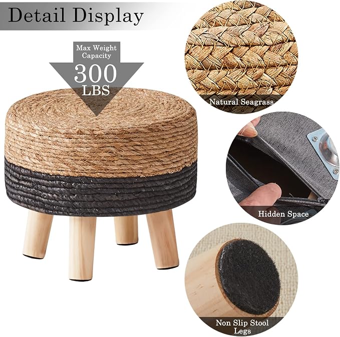 Cpintltr Ottoman Natural Seagrass Footrest Poufs Hand Weave Round Foot Stool - Image 5