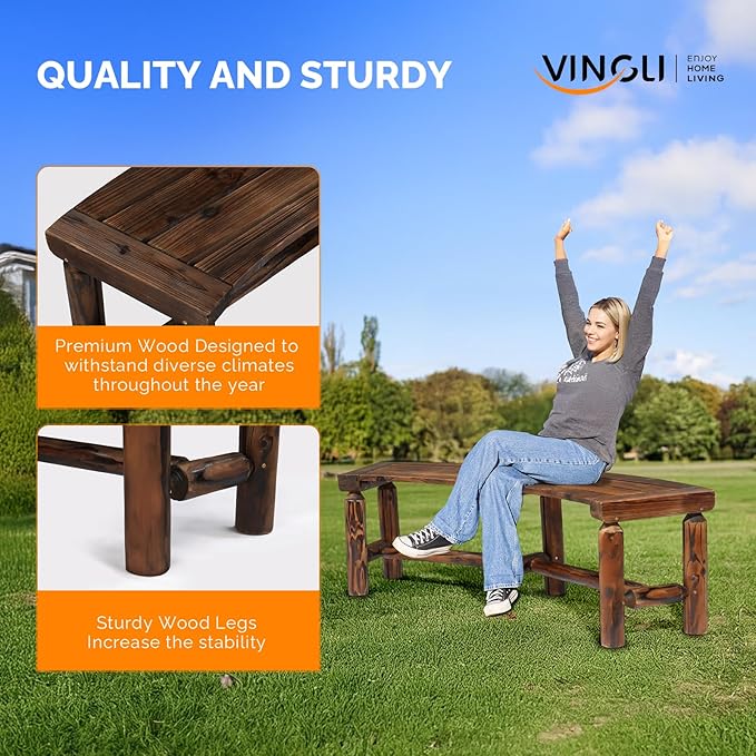 VINGLI Outdoor Bench Wooden Curved Bench, All-Weather Fire Pit Backless Patio - Image 5
