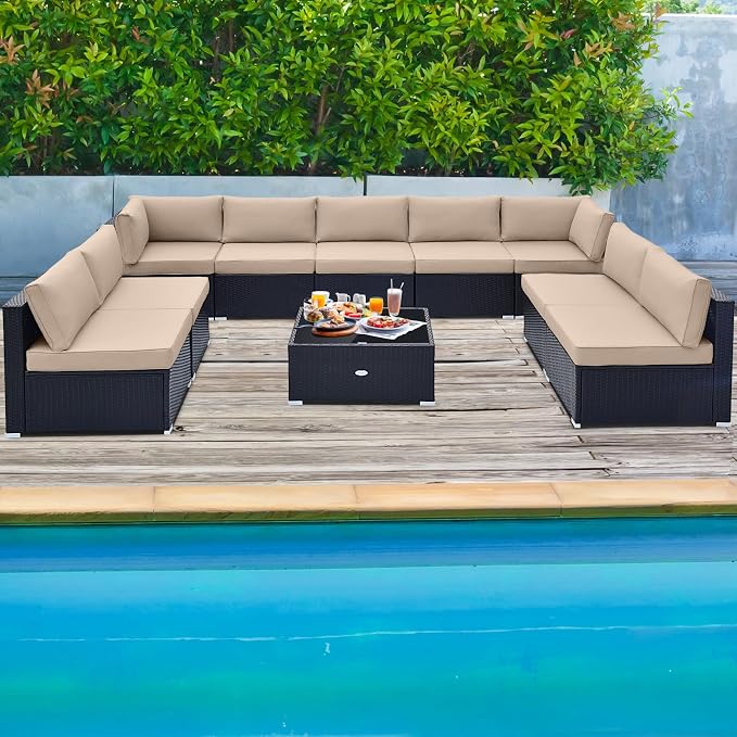 Tangkula 10 Pieces Patio Sofa Set, Outdoor Wicker Conversation Set - Image 3