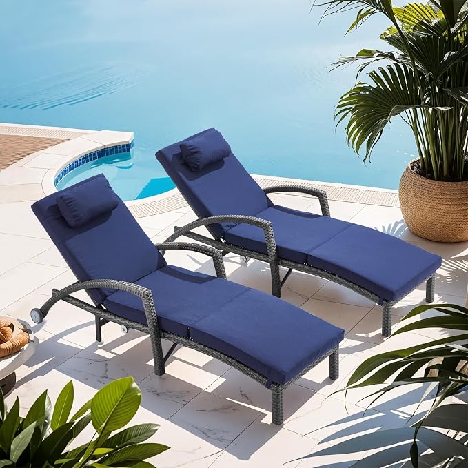 Outdoor Lounge Chairs Set of 2, Wicker Patio Pool Lounge Chair by Suvivityse