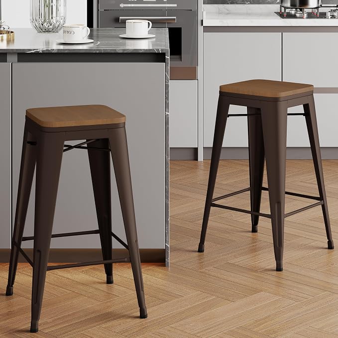 Alunaune 30" Metal Counter Height Bar Stools Set of 2 Backless Stackable - Image 3