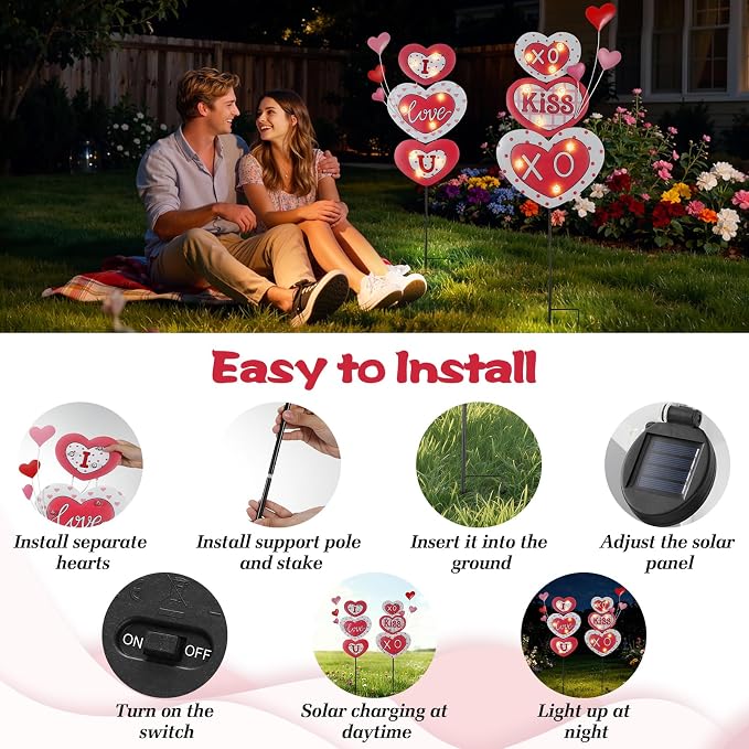Lewondr 2 Pcs Valentine's Day Decorations Outdoor, Metal Solar Pathway Lights - Image 6
