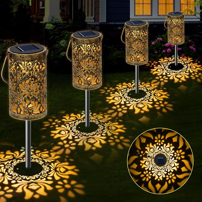4 Pack Solar Pathway Lights Lights Outdoor, LED Solar Lantern Bright Metal by MMHFSolarLightsOutdoor