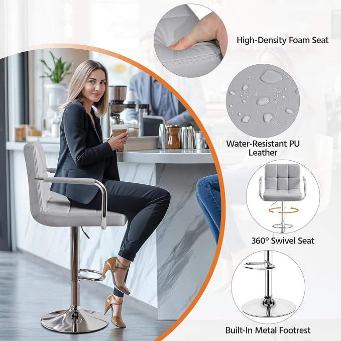 Yaheetech Bar Stools Set of 2, PU Leather Adjustable Swivel Barstools, - Image 5
