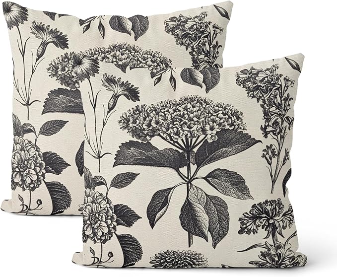 Black Pillow Covers 22x22 Inch 2 Pcs Boho Vintage Floral Decor Throw Pillows by DAFENA