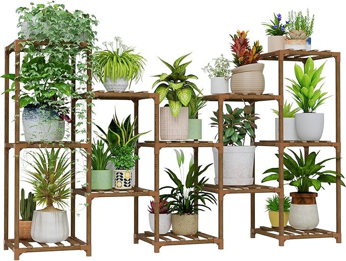 Bamworld Large Plant Shelf Outdoor Wood Plant Stand Large Rack by Bamworld