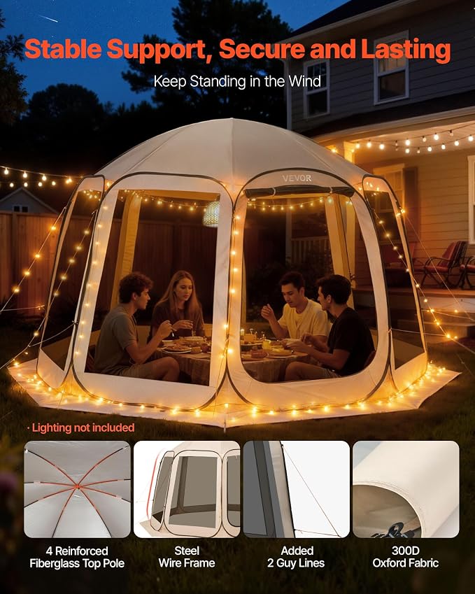VEVOR 12 x 11 ft Pop up Screen House Tent, 10-12 Person Screen Gazebo w/Carry - Image 5