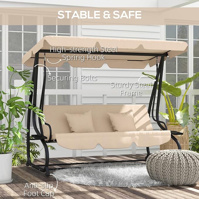 Outsunny 3-Seat Outdoor Patio Swing Chair, Converting Flatbed, Outdoor Swing - Image 5