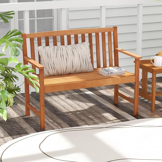 Tangkula Outdoor Garden Bench, 2-Person Eucalyptus Wood Bench - Image 4