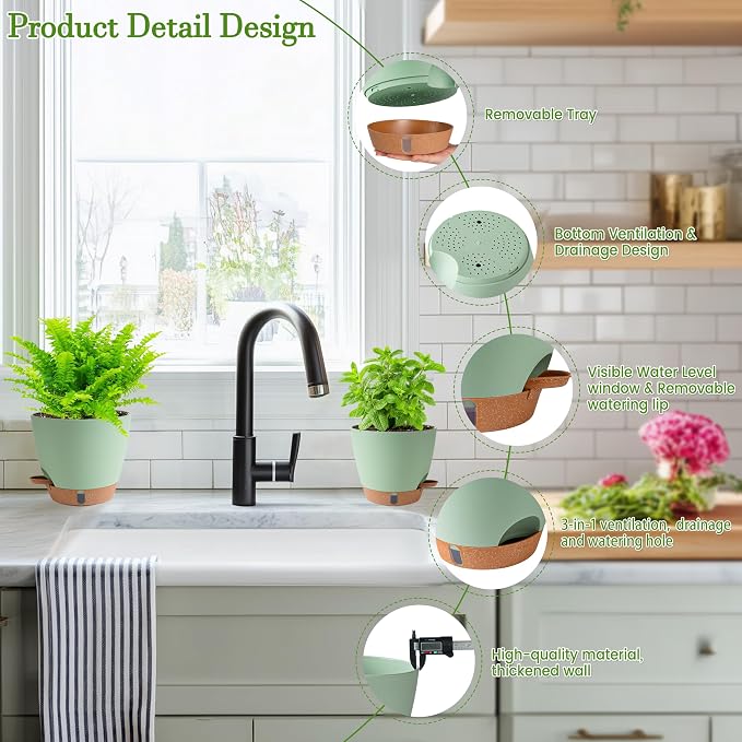 Self Watering Pots for Inoor Ourdoor Plants 10/9/8/7/6.5 Inch Plastic Planters - Image 5