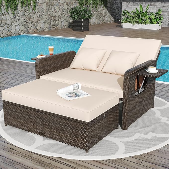 S AFSTAR Outdoor Daybed with Storage Ottoman, Wicker Chaise Lounge Chair with by Safstar
