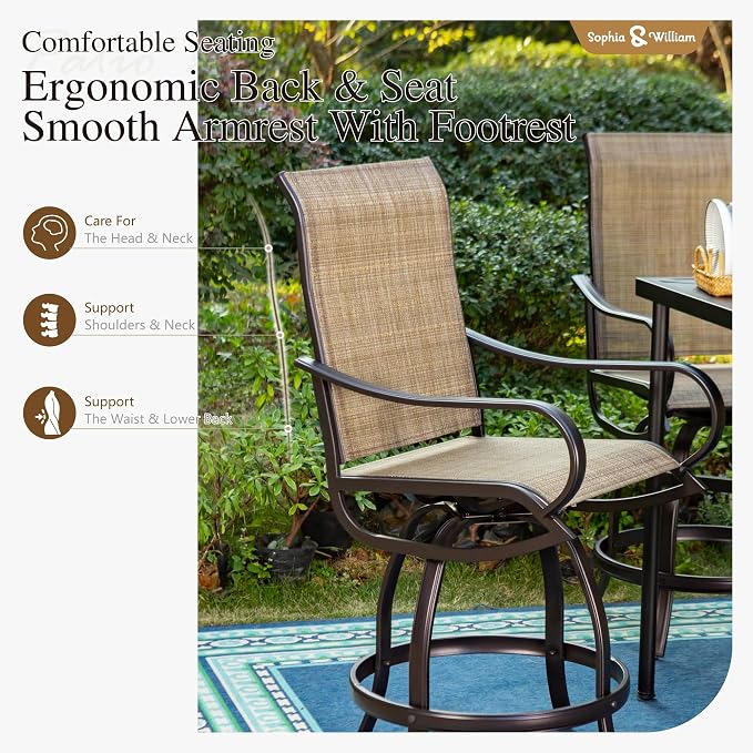 Sophia and William Patio Bar Stools Counter Height, Swivel Bar Chairs, Supports - Image 5