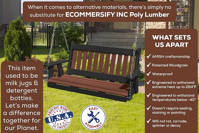 Mission Poly Lumber Wood 5FT Porch Swing Amish Craftsmandship Made in USA HDPE - Image 3