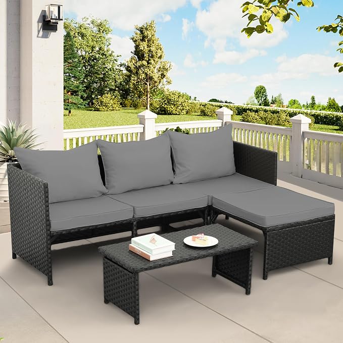 Valita 3-Piece Outdoor PE Rattan Furniture Set Patio Black Wicker Conversation by Valita
