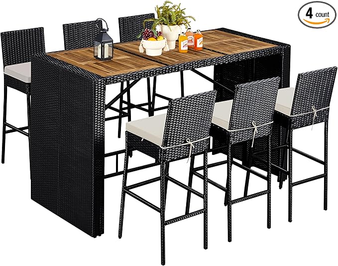Yaheetech 7 Piece Patio Dining Set Outdoor Acacia Wood Bar Table and Chairs by Yaheetech