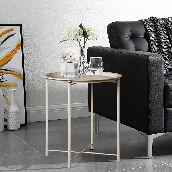 VECELO Side/End Table, Folding Round Metal Anti-Rust and Waterproof Outdoor or - Image 2