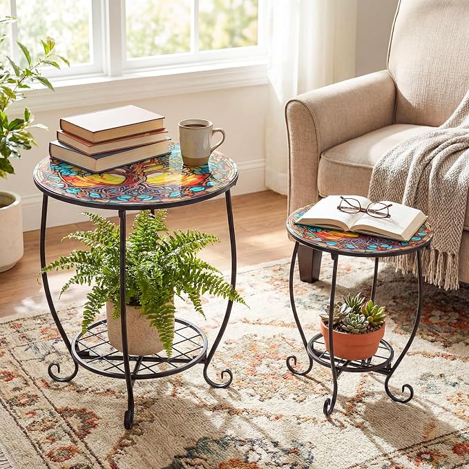 2 Pcs Outdoor Side Table Small Patio Round Mosaic Accent Indoor End Table Plant - Image 2