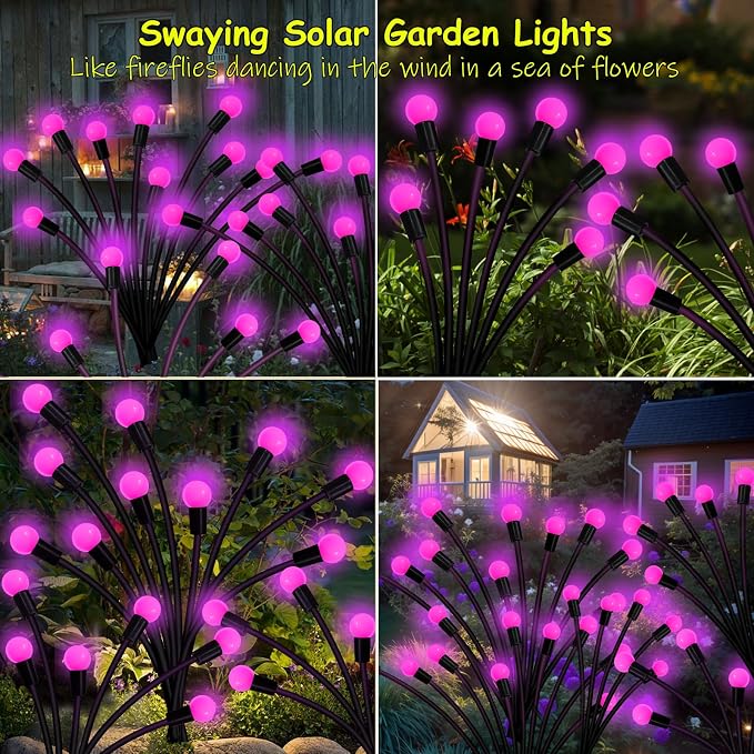 Kohlrabi Solar Garden Lights Outdoor, 10 Pack 80 LED Pink Firefly Lights - Image 5