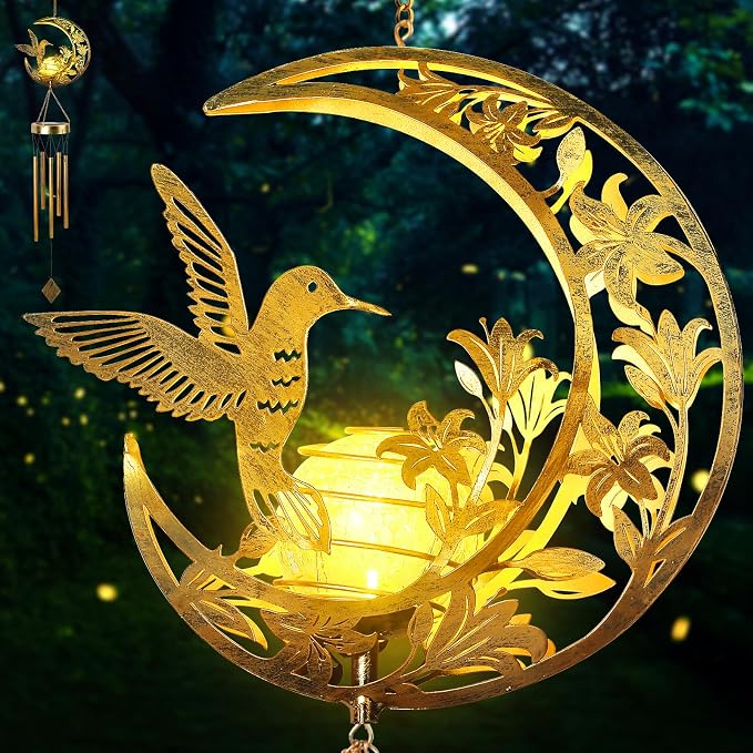Moon Hummingbird Wind Chime Outdoor, Handcrafted Metal Garden Wind Chimes - Image 8