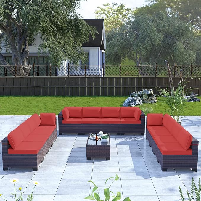 Kullavik 14 Pieces Outdoor Patio Furniture Set, Sectional Rattan Sofa Set Brown - Image 6