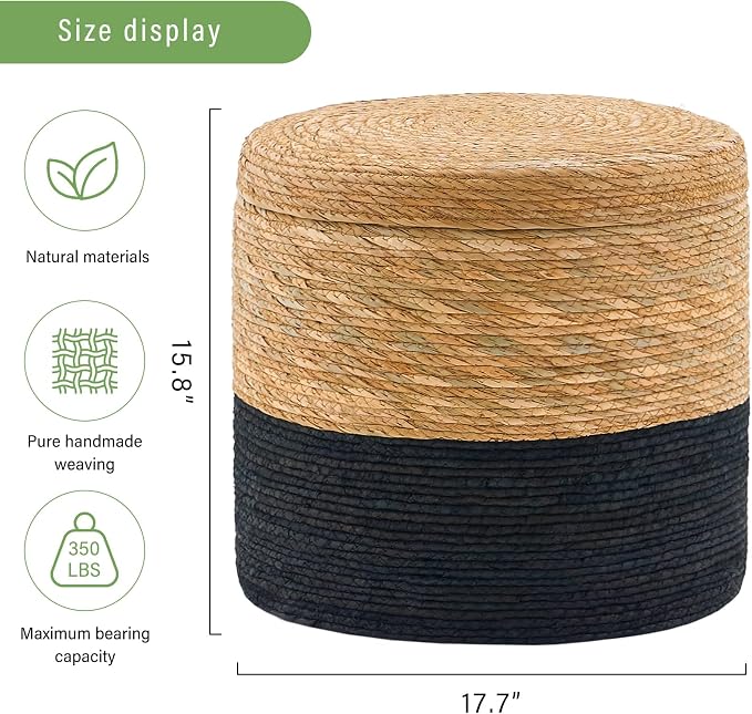 Wimarsbon 18'' Ottoman Pouf, Natural Braided Poof, Rustic Handweave Lounge - Image 3