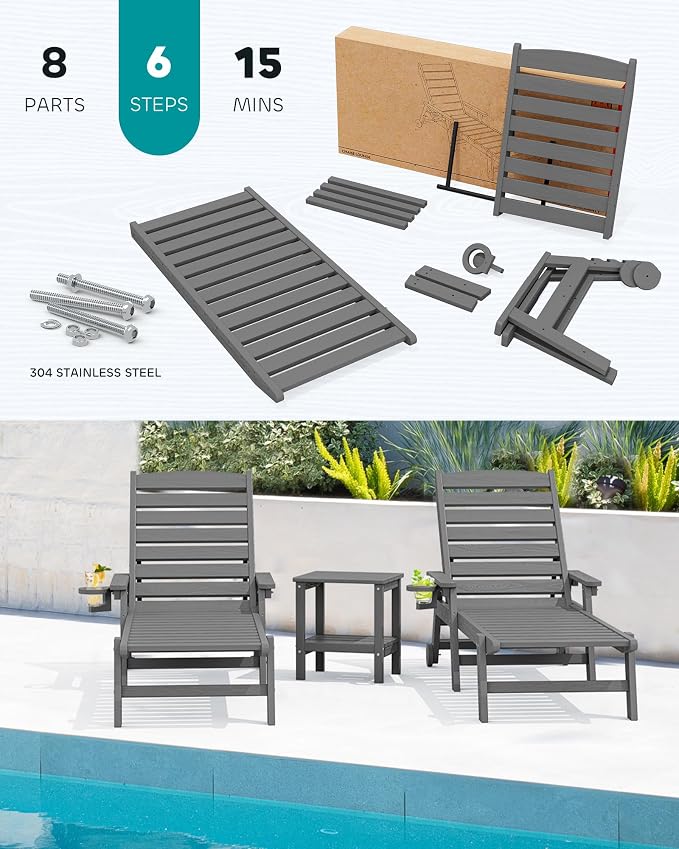 SERWALL Patio Chaise Lounge Chair Set of 2, Poly Lounge Chair - Image 7
