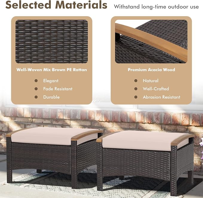 ORALNER Outdoor Ottoman, All-Weather Wicker Foot Stools w/Removable Cushions - Image 3