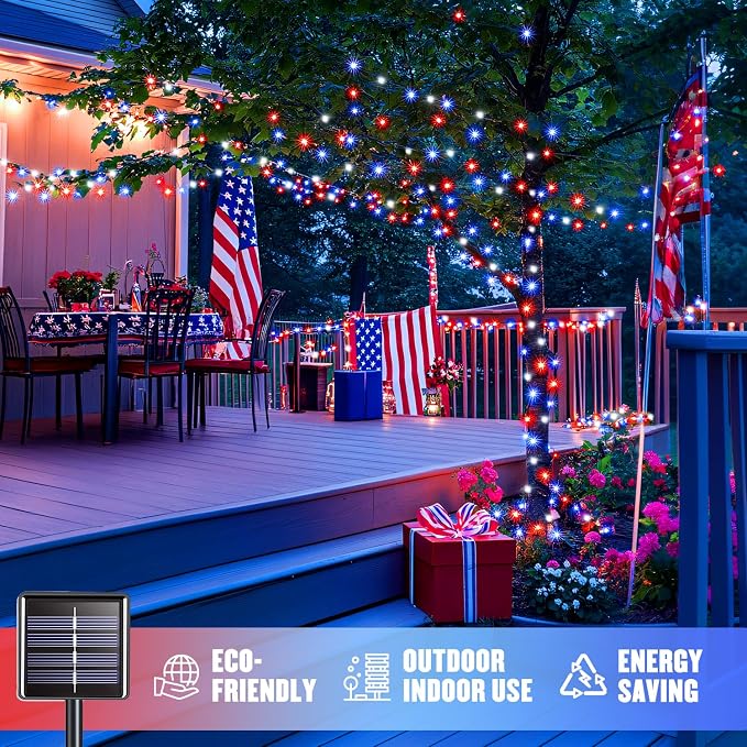 JMEXSUSS 2 Pack Red White and Blue Solar Lights 100LED 33ft Patriot Solar - Image 2