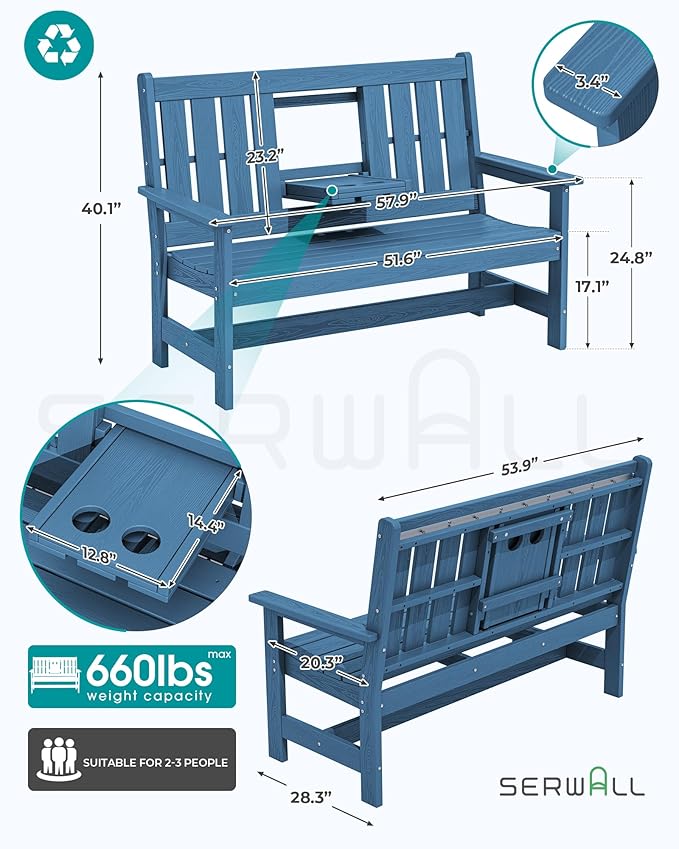 SERWALL Outdoor Bench with Cup Holder, All Weather Patio Benches with High - Image 2