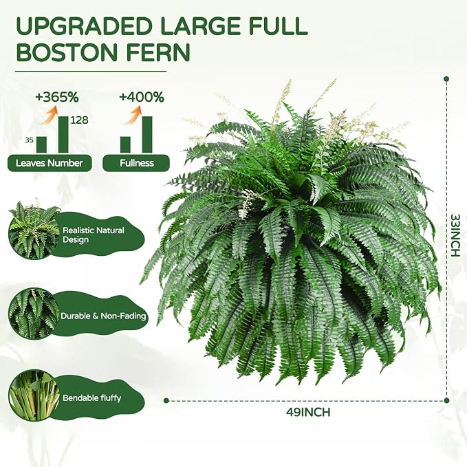 49” Artificial Ferns for Outdoors Planter, 128 Leaves per Fern, Large Lush Fake - Image 2