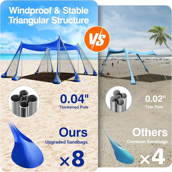 Rhino Valley Beach Tent Shade Canopy UPF50+ Protection, 8 Sandbags, 4 Stability - Image 2