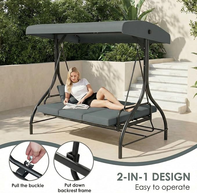 MAMIZO 3-Seat Patio Swing with Adjustable Canopy & Backrest, Outdoor Porch - Image 4
