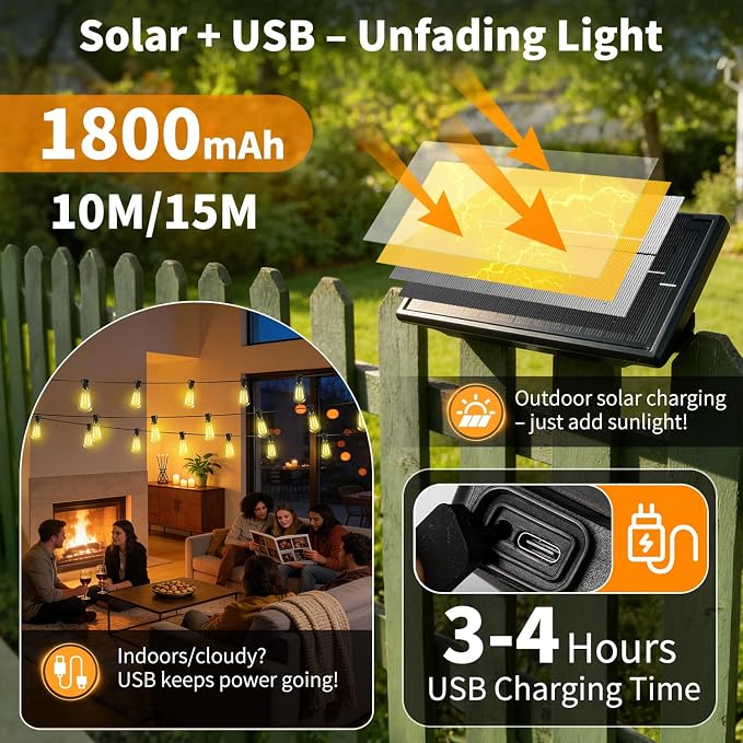 Solar Lights Outdoor Waterproof: ST38 50FT 15M Shatterproof Bulbs Patio Lights - Image 4