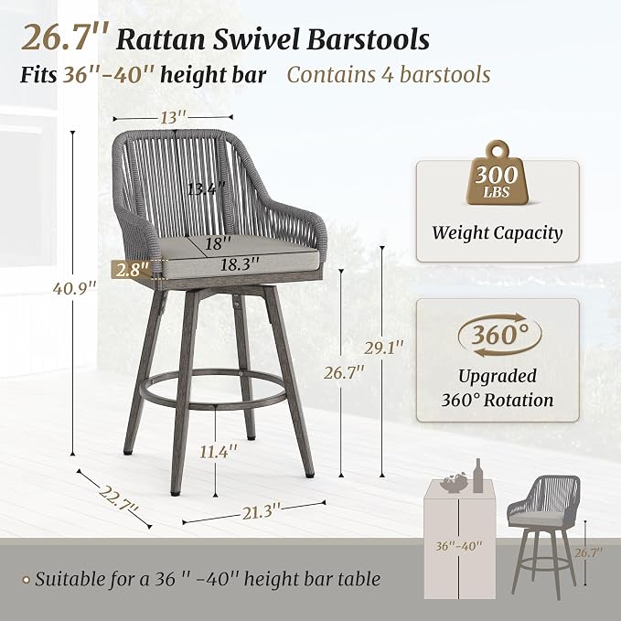 Outdoor Bar Stools Set of 4, 360° Swivel Aluminum Rattan Bar Stool - Image 2