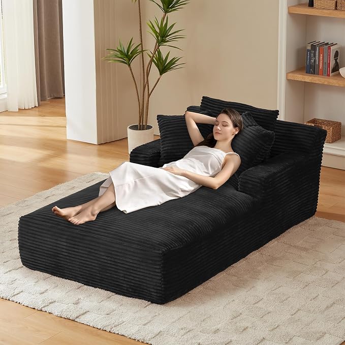 80 Inch Chaise Lounge Chair Indoor, Oversized Corduroy Upholstered Boneless by HANXIN