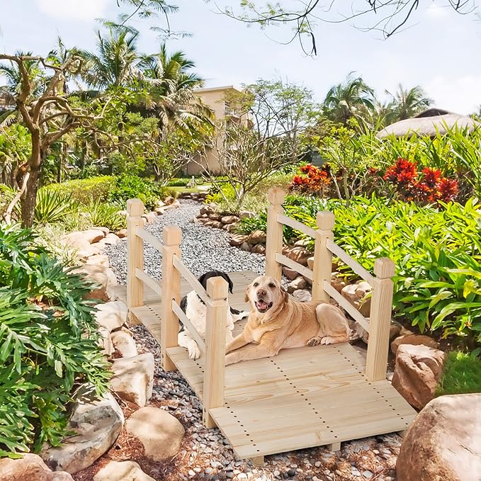 LDAILY Moccha 5FT Wood Garden Bridge, Pond Bridge - Image 2