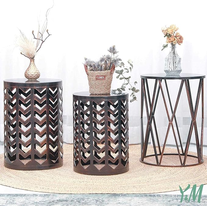 Y&M Set of 3 Black with Bronze End Tables, Nesting Metal Round Coffee Table - Image 2