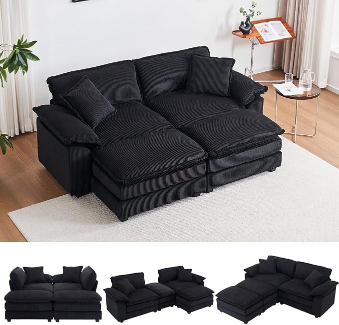 84.6” Corduroy Loveseat with Ottoman, Oversized Double Chaise Lounge Chair by ZXDesign