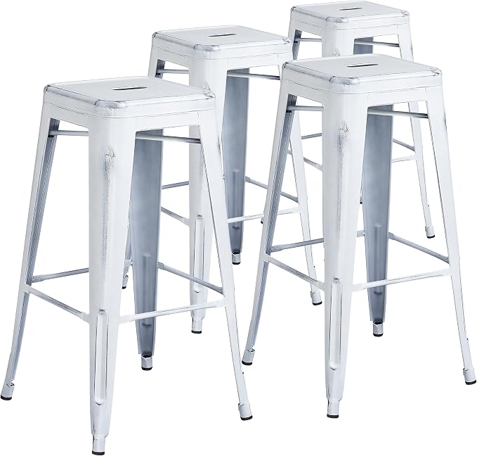 Flash Furniture Kai Commercial Grade 4 Pack 30" High Backless Distressed White by FlashFurniture