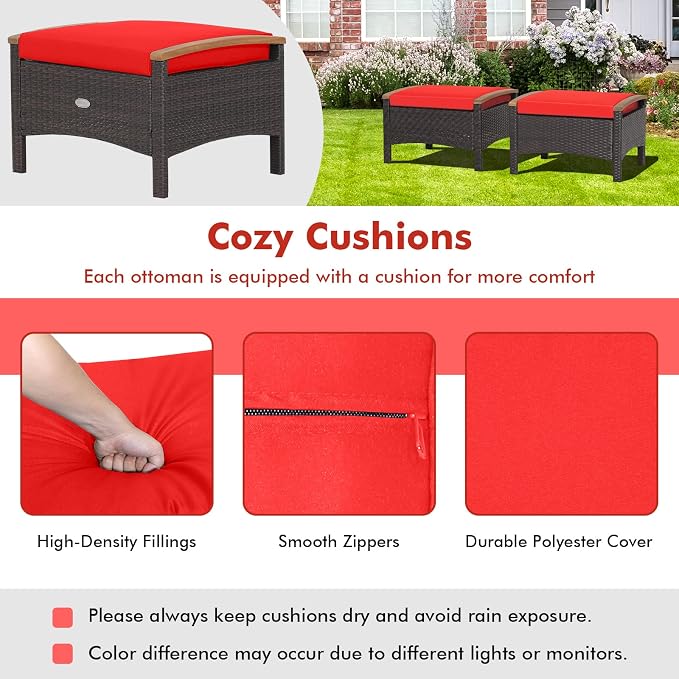 Tangkula 2 Piece Patio Rattan Ottomans, Outdoor Wicker Footstool w/Acacia Wood - Image 6