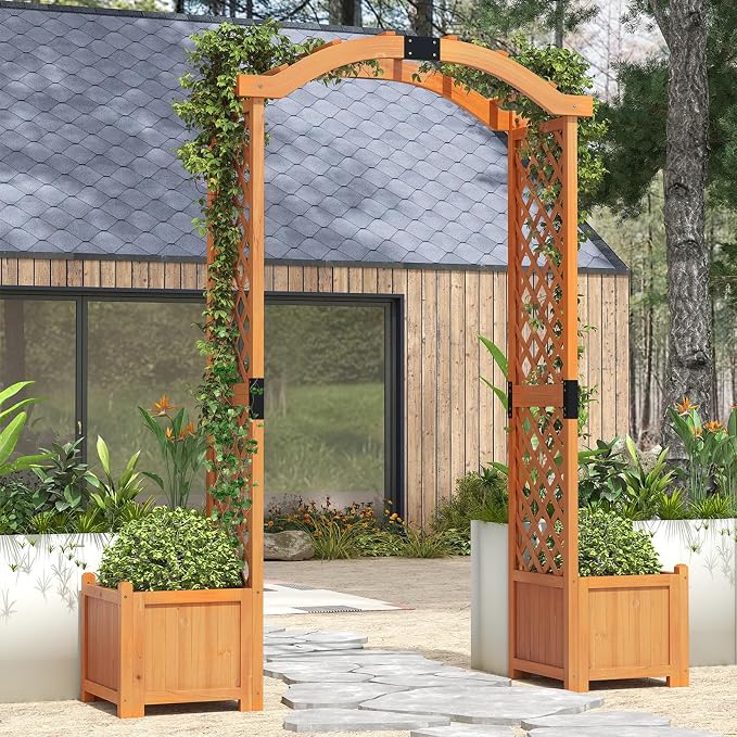 Giantex Garden Arbor with Planter Boxes, Wooden Arch with Trellis and Raised - Image 2