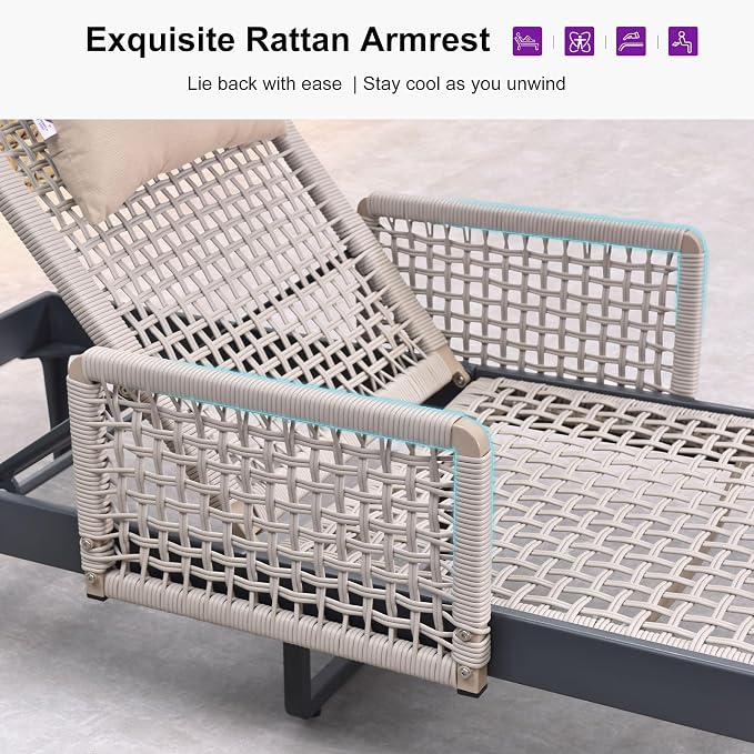 PURPLE LEAF 3 Pieces Outdoor Chaise Lounge Set Rattan Wicker Lounger - Image 5