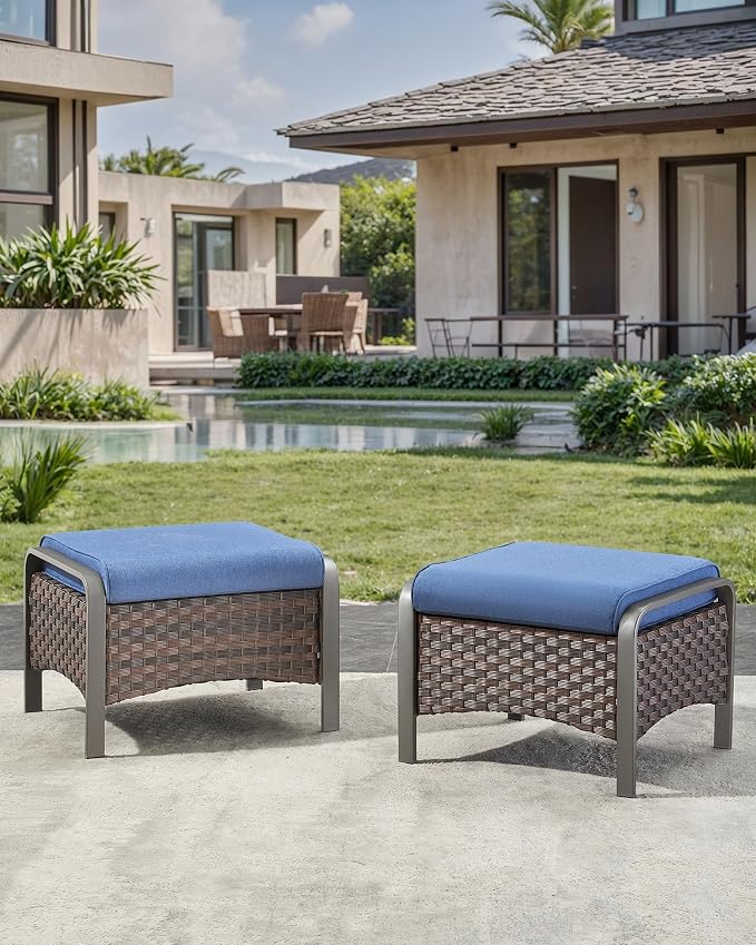 HUMMUH 2 Pieces Outdoor Wicker Ottomans-Outdoor Patio Ottoman - Image 2