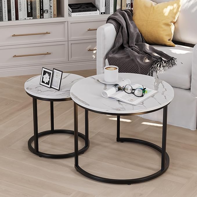 Smuxee White Nesting Coffee Table Set of 2, 23.6" Round Coffee Table Wood Grain - Image 3