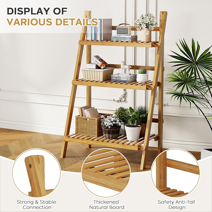 39.4" Foldable Plant Shelf Ladder Shelf, 3 Tier Bamboo Ladder Flower Pot - Image 7