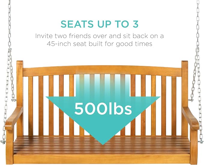 Best Choice Products 48in Wood Porch Swing Outdoor Patio Hanging Bench Chair - Image 4
